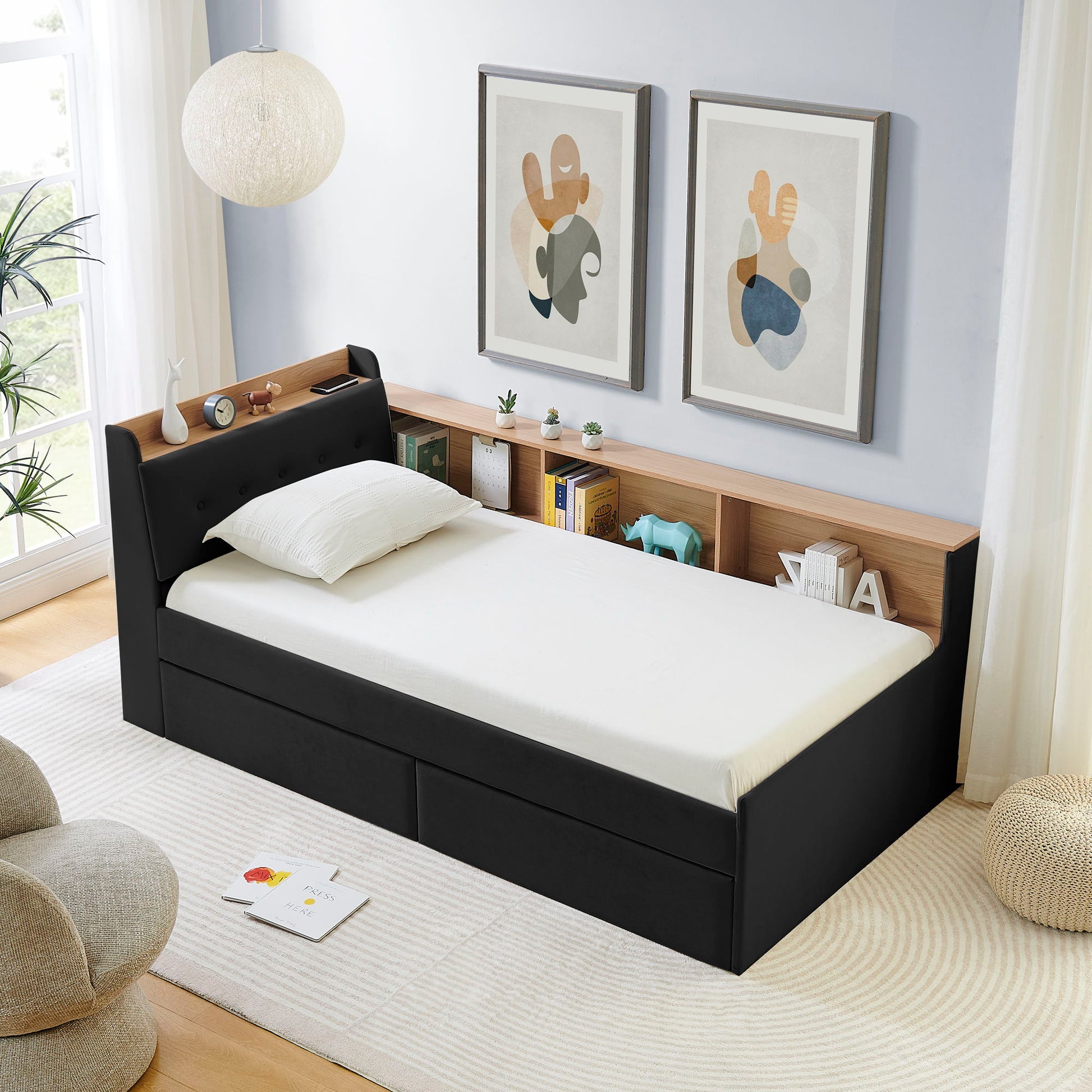 Upholstered Daybed With Storage Headboard, Wireless Charging, LED Lights - The Sleep Loft - Online Mattress Showroom NYC