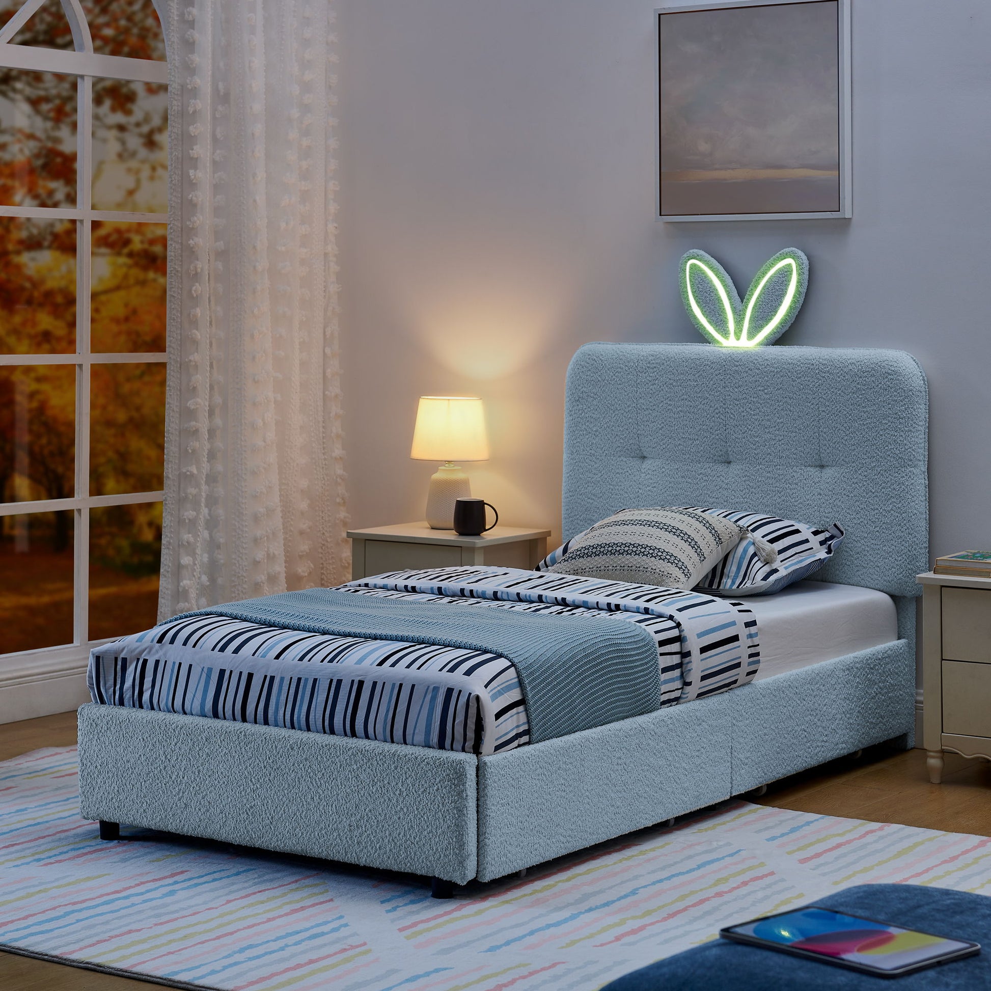 Upholstered Bed With Oversized Rabbit Ear Headboard, LED Lights & 4 Storage Drawers - The Sleep Loft - Online Mattress Showroom NYC