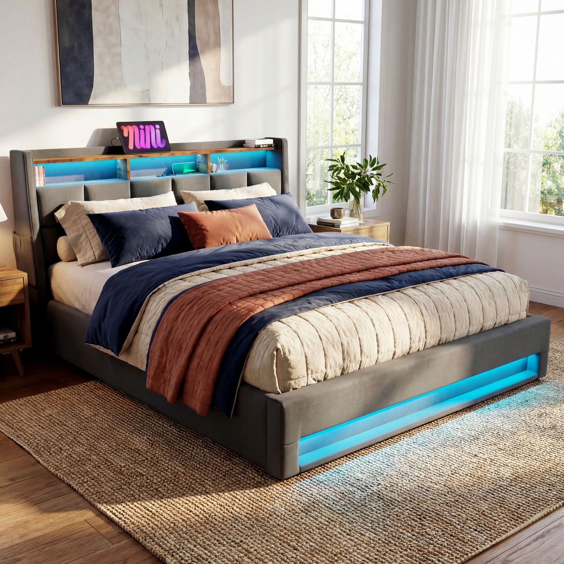 Upholstered Platform Bed With A Hydraulic Storage System, LED And USB Charging (Without Mattress) - The Sleep Loft - Online Mattress Showroom NYC