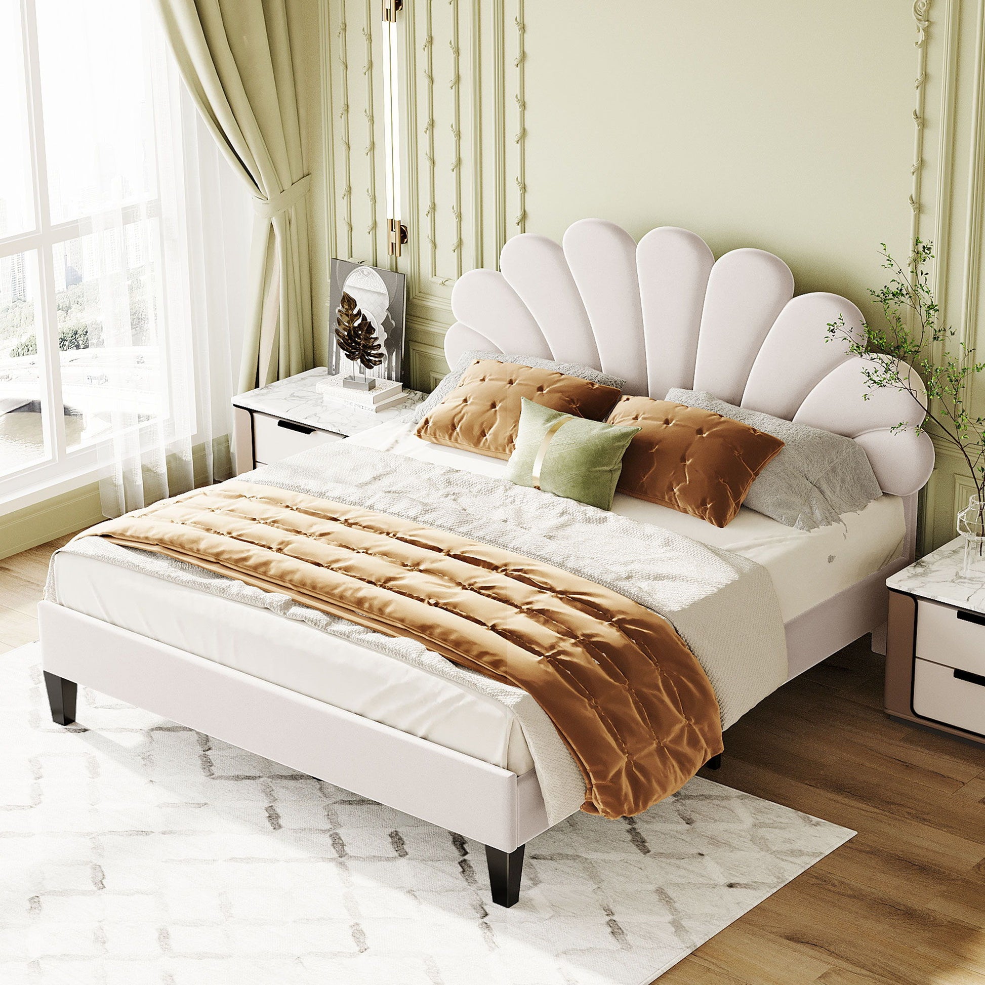 Upholstered Platform Bed With Flower Pattern Velvet Headboard - The Sleep Loft - Online Mattress Showroom NYC