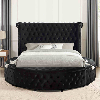 Glam Button Tufted Wingback Round Bed With Storage And USB Ports - The Sleep Loft - Online Mattress Showroom NYC