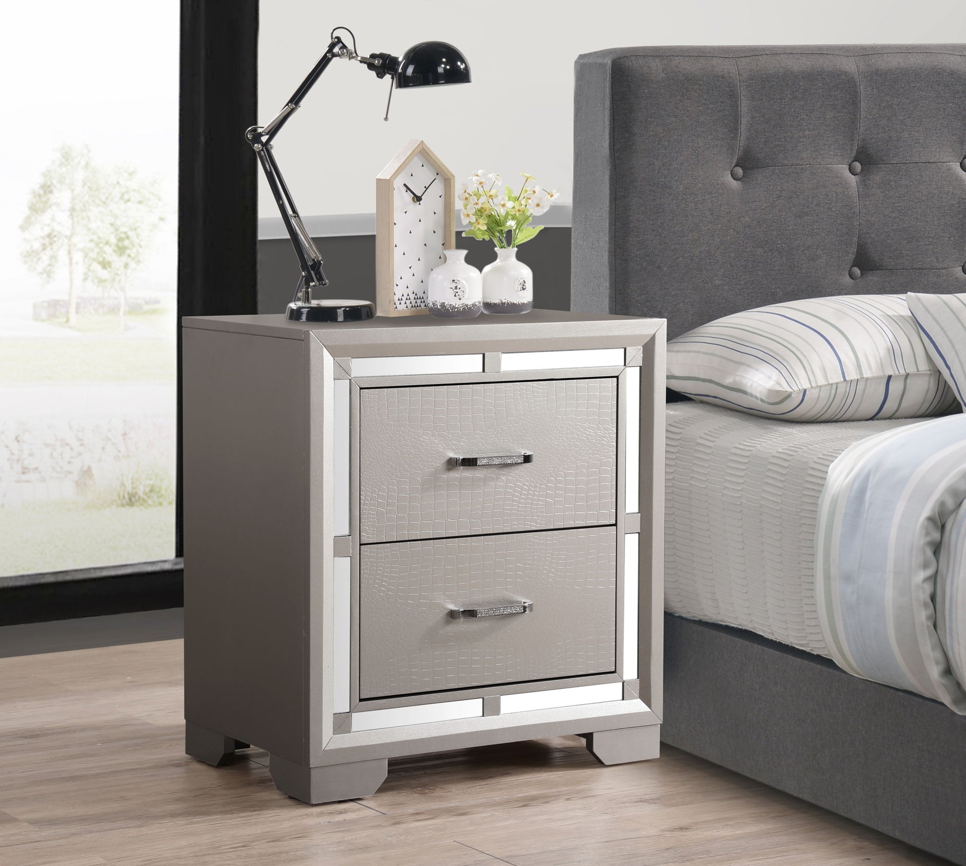 Elegant Nightstand - Silver Champagne - The Sleep Loft - Online Mattress Showroom NYC