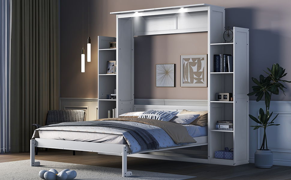 Wall Murphy Bed With Shelves And LED Lights - The Sleep Loft - Online Mattress Showroom NYC