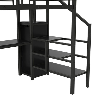 Full Size Loft Bed With Desk, Storage Staircase, Small Wardrobe And LED Light - Black - The Sleep Loft - Online Mattress Showroom NYC