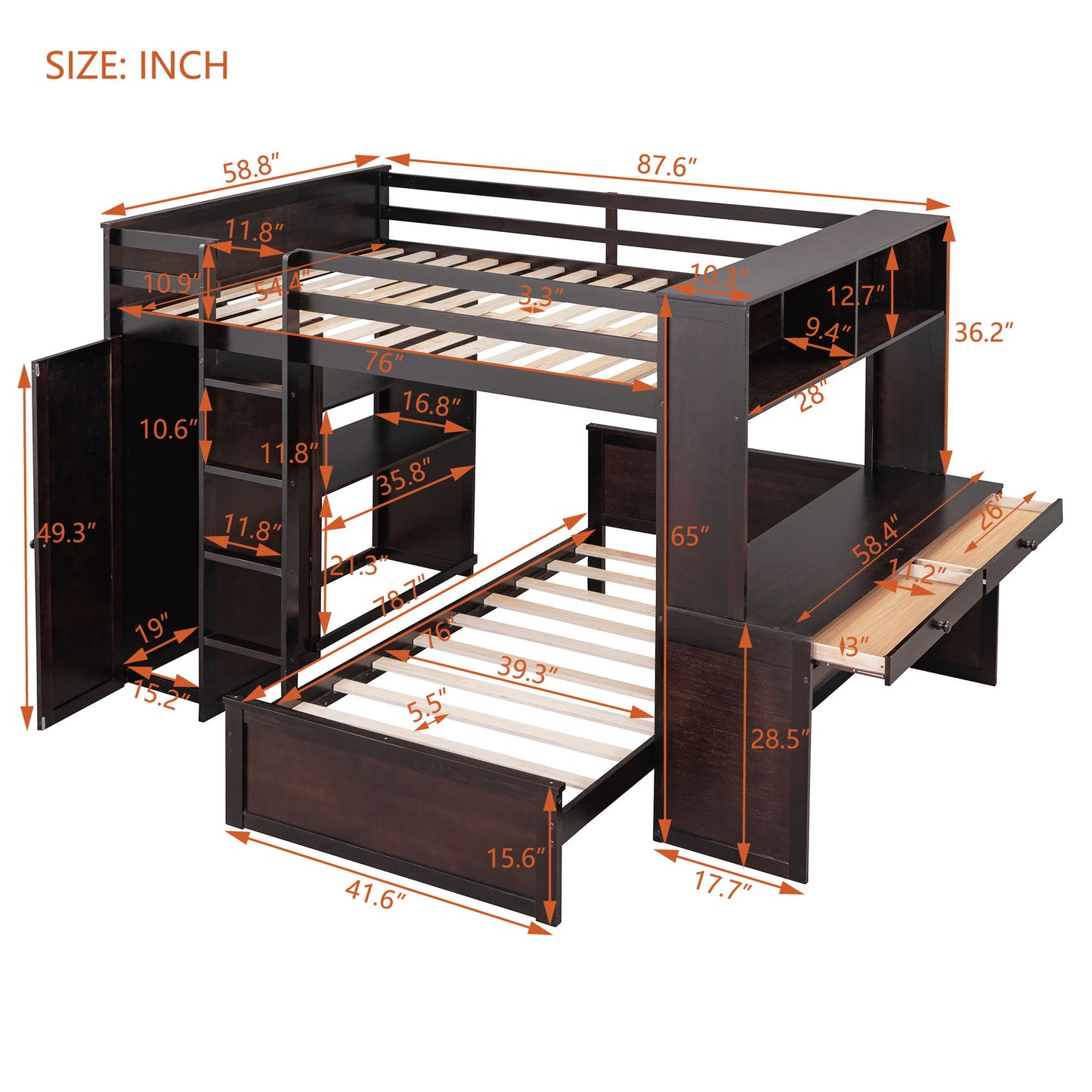 Loft Bed With A Twin Size Standalone Bed, Shelves, Desk, And Wardrobe - The Sleep Loft - Online Mattress Showroom NYC