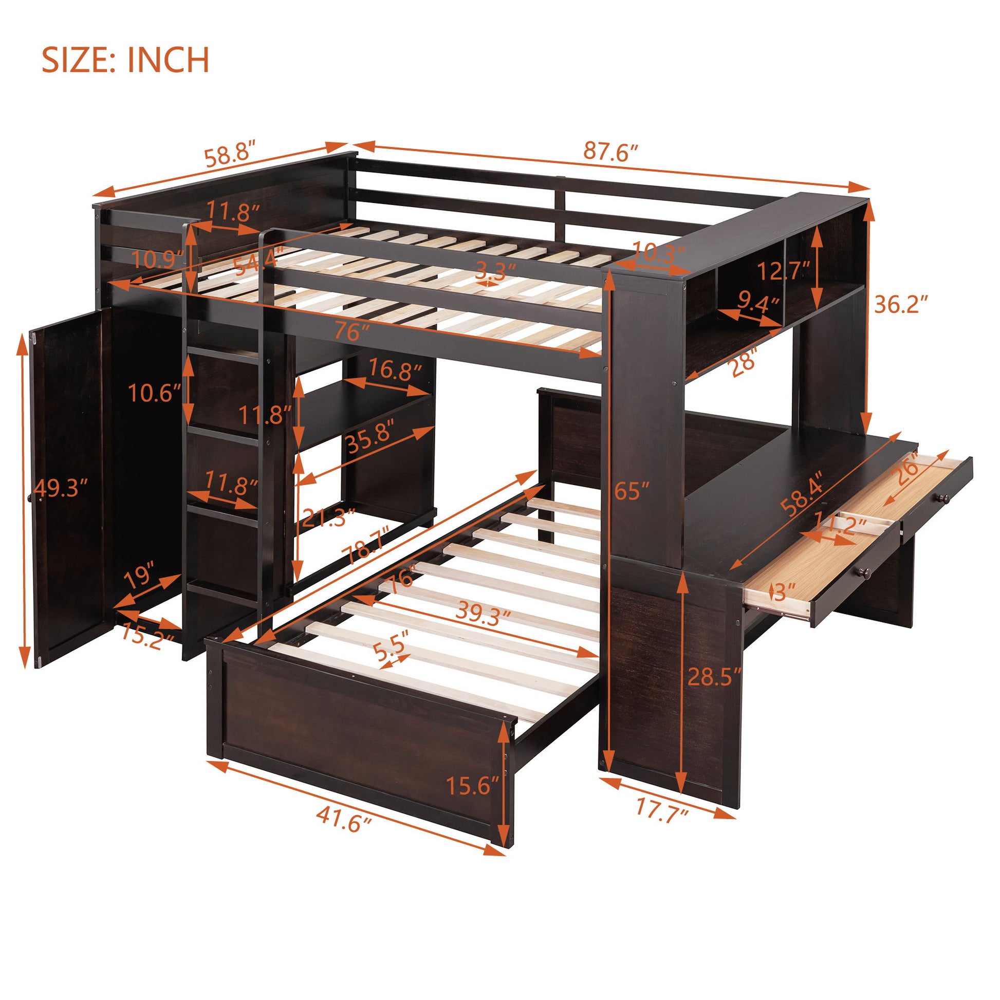 Loft Bed With A Twin Size Standalone Bed, Shelves, Desk, And Wardrobe - The Sleep Loft - Online Mattress Showroom NYC
