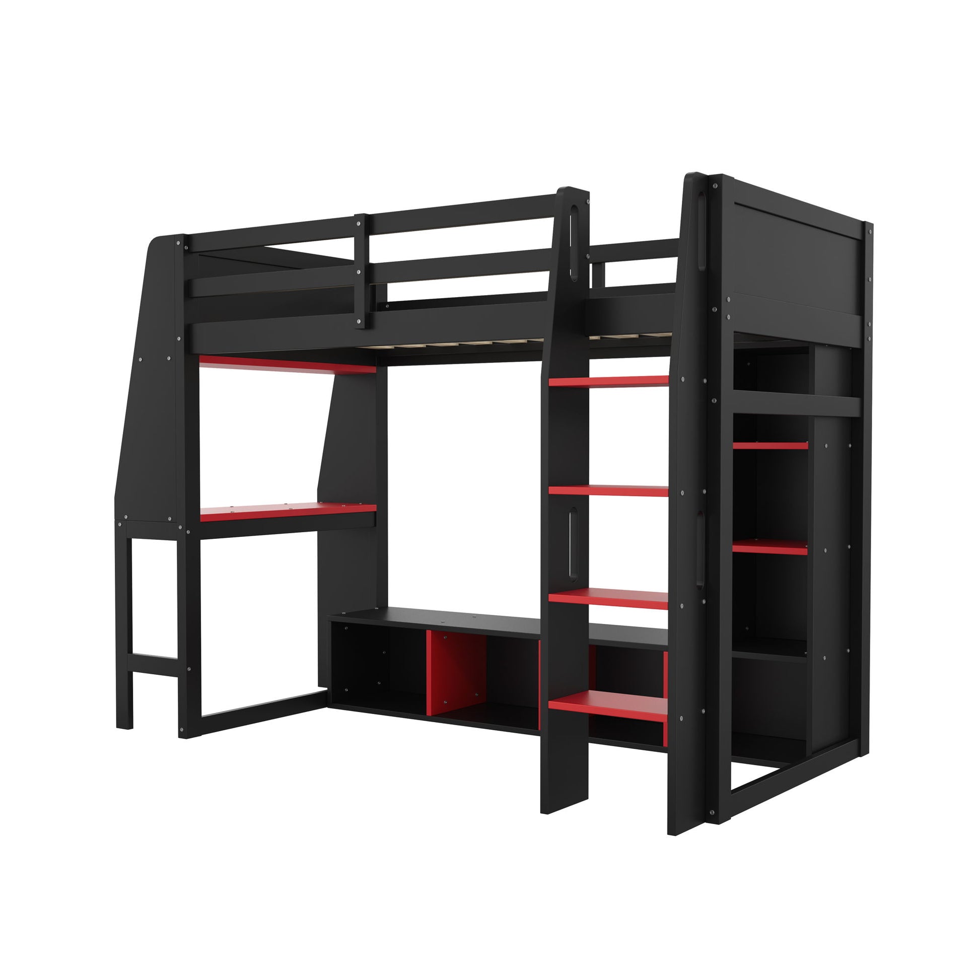 Gaming Loft Bed With Desk, Multi Storage Shelves, LED Lighting, And Hanging Clothes Rack - The Sleep Loft - Online Mattress Showroom NYC
