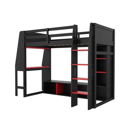 Gaming Loft Bed With Desk, Multi Storage Shelves, LED Lighting, And Hanging Clothes Rack - The Sleep Loft - Online Mattress Showroom NYC