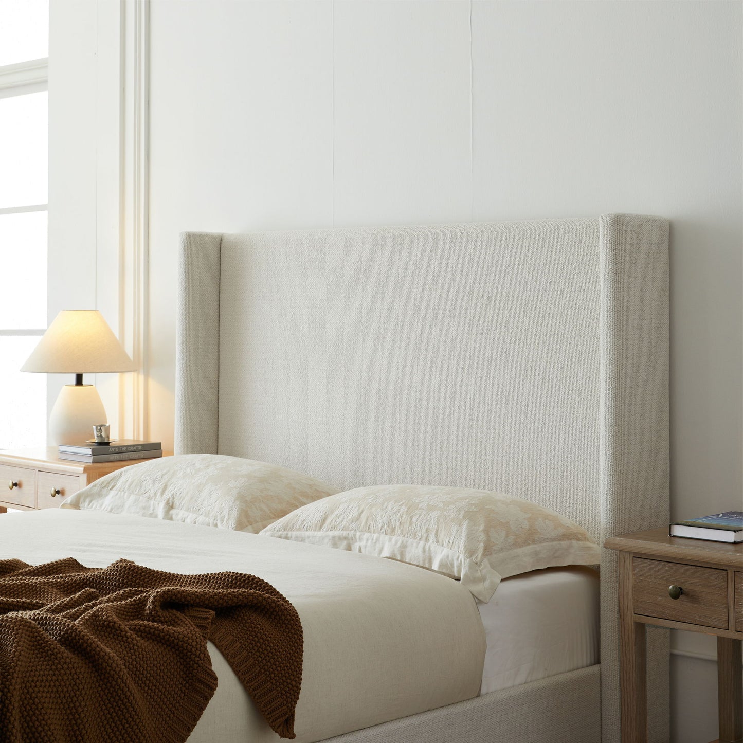 Hosford - Minimalist Upholstered Wingback Bed With Wood Base Platform - The Sleep Loft - Online Mattress Showroom NYC
