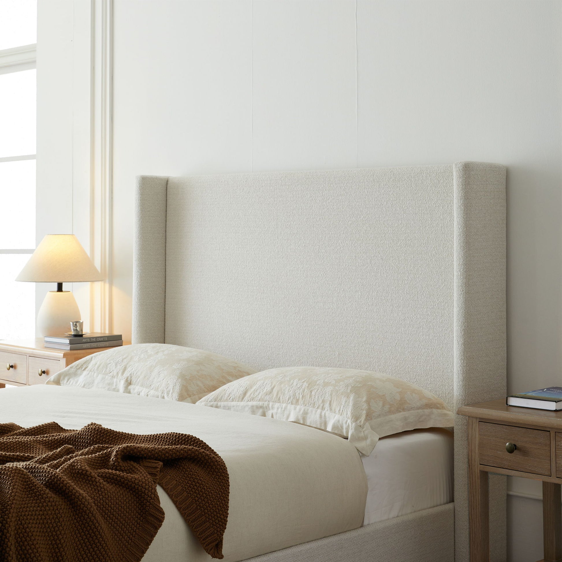 Hosford - Minimalist Upholstered Wingback Bed With Wood Base Platform - The Sleep Loft - Online Mattress Showroom NYC
