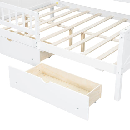 House Style Platform Bed With LED Lights, Storage Shelves, Drawers, And Guardrail - The Sleep Loft - Online Mattress Showroom NYC