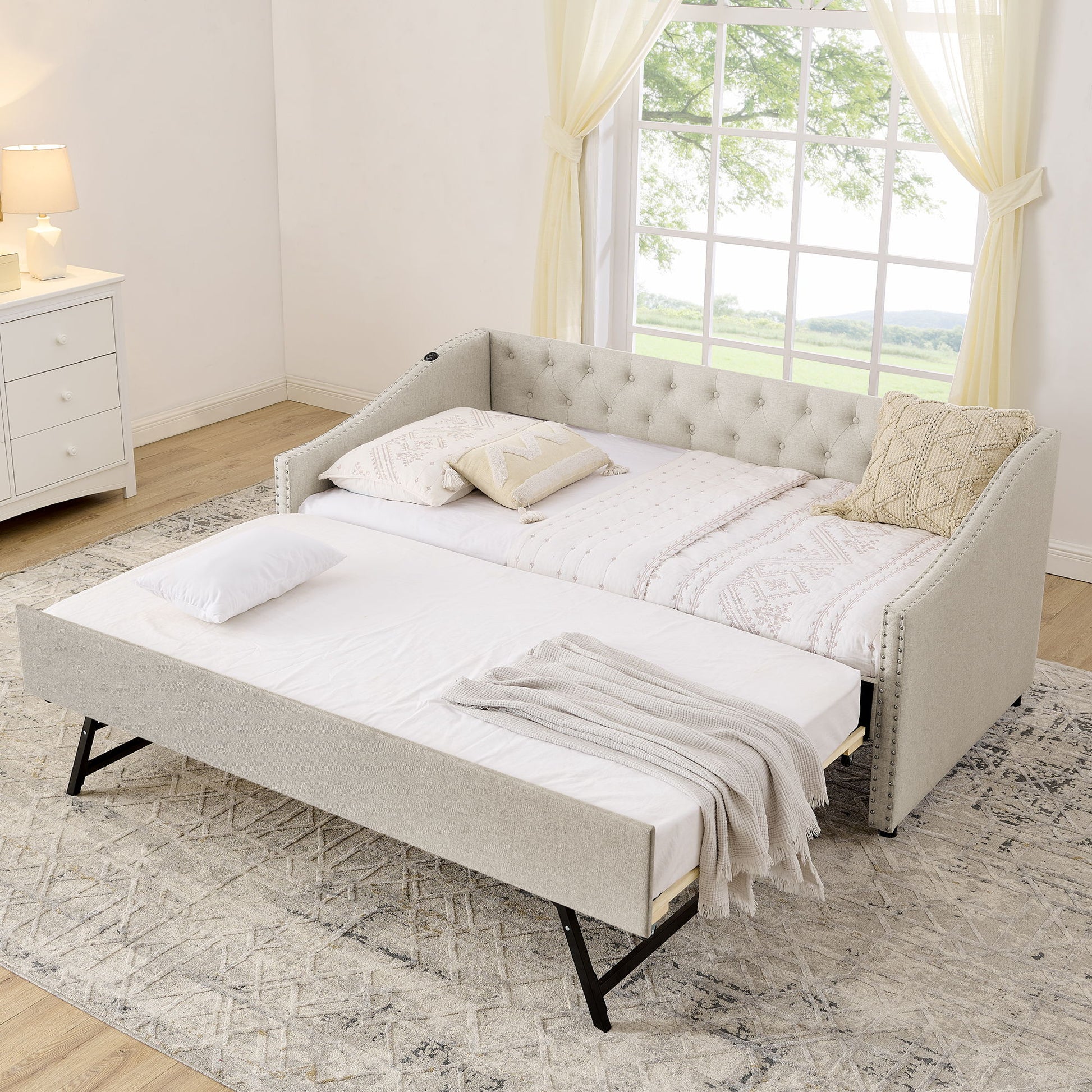 Upholstered Daybed With USB Charging & Pull Out Bed - The Sleep Loft - Online Mattress Showroom NYC