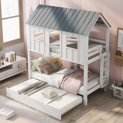 Twin Size House Bunk Bed With Trundle, Roof And Windows - White / Gray - The Sleep Loft - Online Mattress Showroom NYC