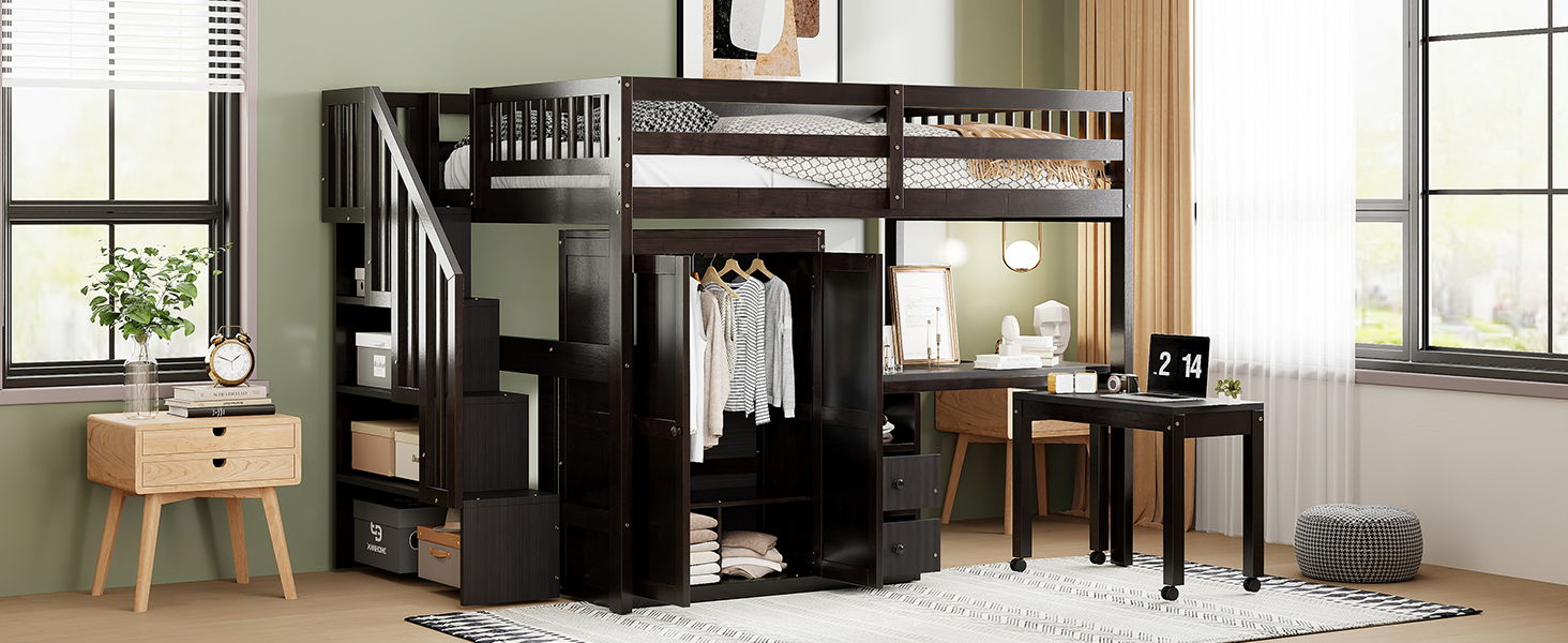 Loft Bed With Stairs, Bookshelf, Drawers, Desk & Wardrobe, Space Saving Multifunctional Furniture - The Sleep Loft - Online Mattress Showroom NYC