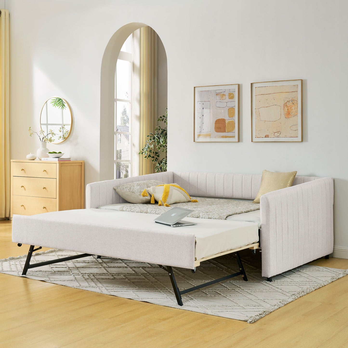 Upholstered Daybed With Trundle With Vertical Stripes - The Sleep Loft - Online Mattress Showroom NYC