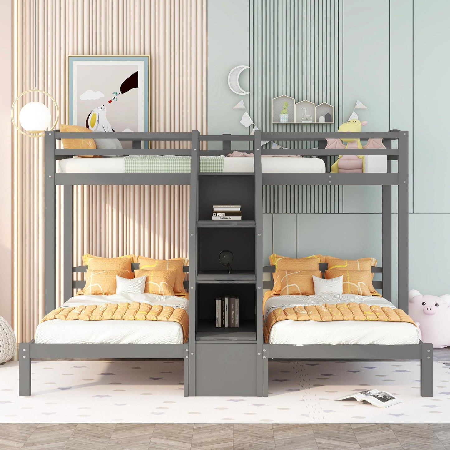 Twin Over Twin & Twin Bunk Bed With Built In Staircase And Storage Drawer - Gray - The Sleep Loft - Online Mattress Showroom NYC