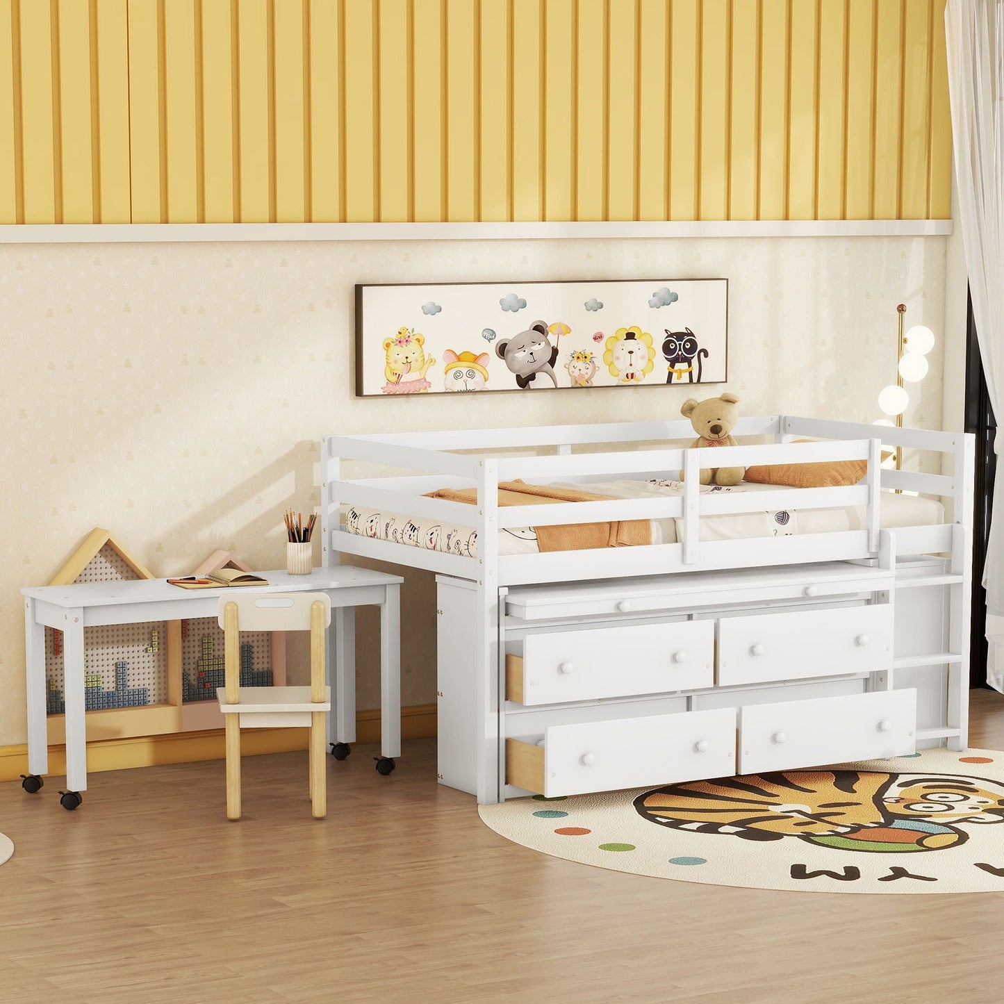 Loft Bed With Retractable Writing Desk And 4 Drawers, With Lateral Portable Desk And Shelves - The Sleep Loft - Online Mattress Showroom NYC