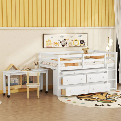 Loft Bed With Retractable Writing Desk And 4 Drawers, With Lateral Portable Desk And Shelves - The Sleep Loft - Online Mattress Showroom NYC