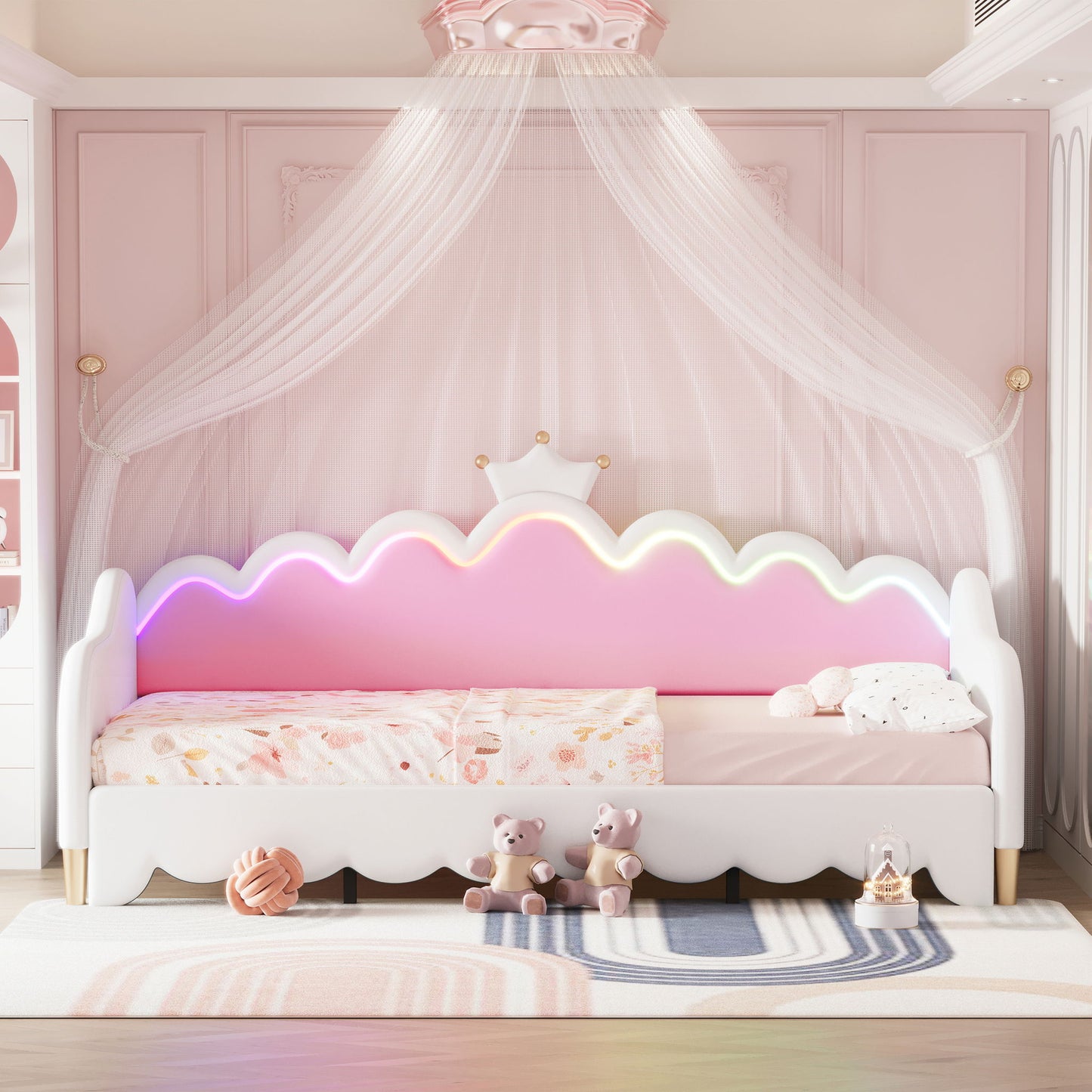 Extending Daybed With LED Lights, Modern Upholstered Princess Daybed With Crown Headboard - The Sleep Loft - Online Mattress Showroom NYC