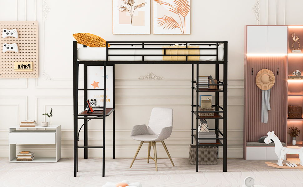 Loft Metal Bed With 3 Layers Of Shelves And Desk, Stylish Metal Frame Bed With board - The Sleep Loft - Online Mattress Showroom NYC