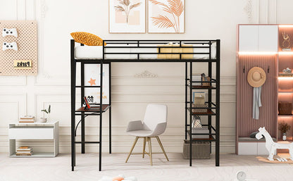 Loft Metal Bed With 3 Layers Of Shelves And Desk, Stylish Metal Frame Bed With board - The Sleep Loft - Online Mattress Showroom NYC