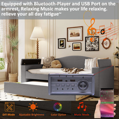 Upholstered Daybed With Storage Armrests, Trundle And Latest Integrated tooth Audio System - The Sleep Loft - Online Mattress Showroom NYC