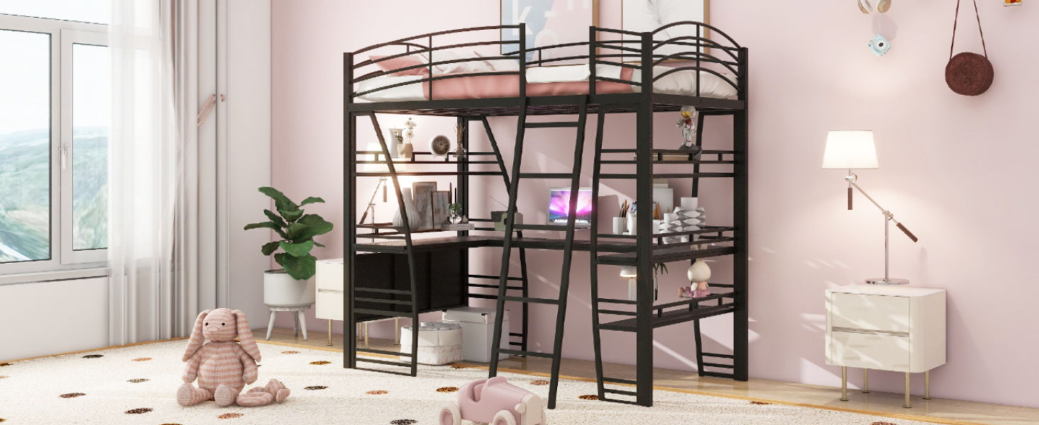 Loft Bed With 4 Layers Of Shelves And L-Shaped Desk, Stylish Metal Frame Bed With A Set Of Sockets, USB Ports And And Wireless Charging - The Sleep Loft - Online Mattress Showroom NYC