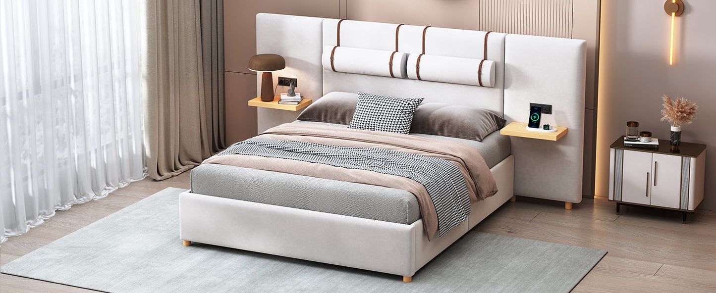 Upholstered Platform Bed, 2 Outlets And USB Charging Ports On Both Sides, 2 Bedside Pillows, Storage Shelves - The Sleep Loft - Online Mattress Showroom NYC