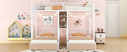 Triple Bunk Bed With Drawers, Multi-Functional Frame With Desks And Shelves In The Middle - The Sleep Loft - Online Mattress Showroom NYC