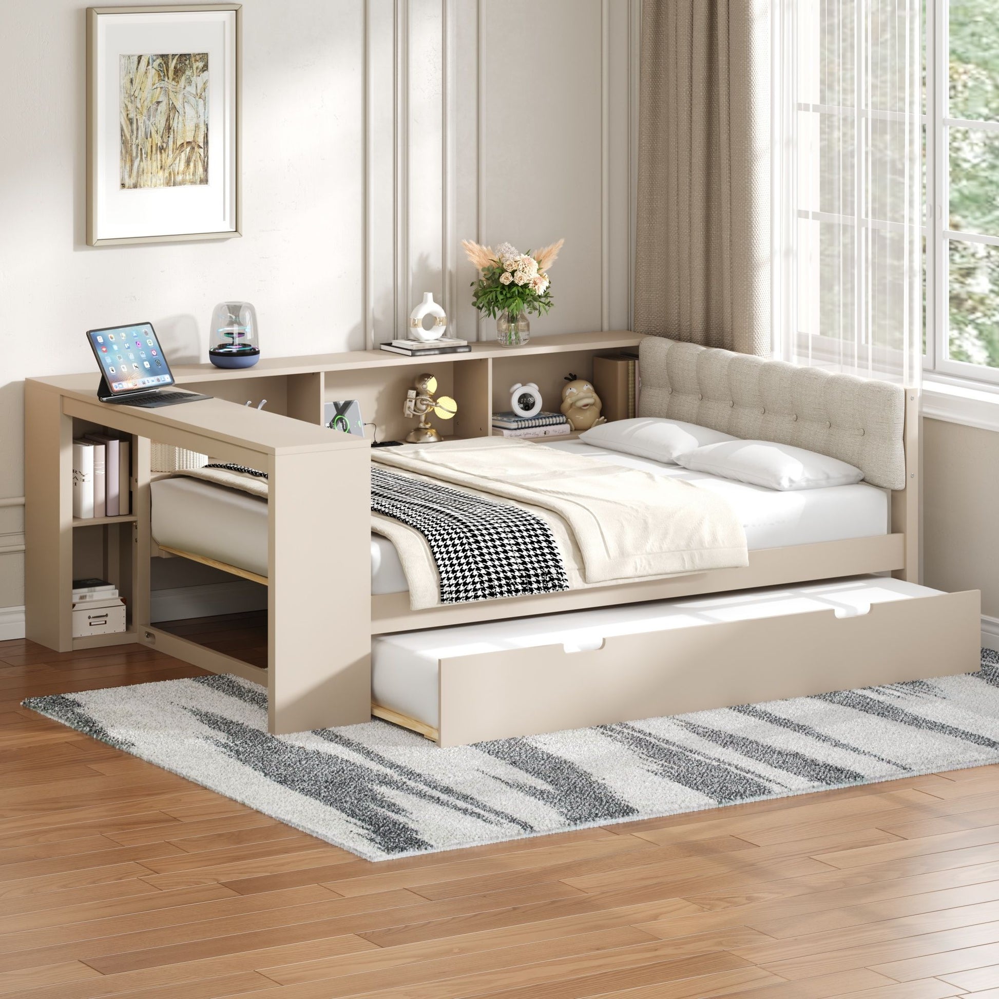 Upholstered Headboard Platform Bed With Storage Shelves, Trundle, Charging Station - The Sleep Loft - Online Mattress Showroom NYC