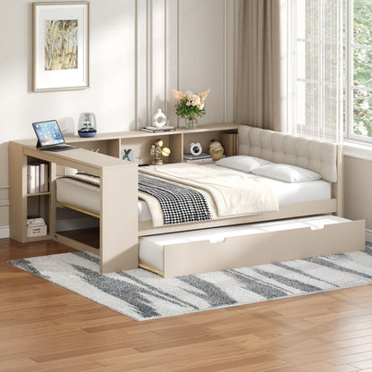 Upholstered Headboard Platform Bed With Storage Shelves, Trundle, Charging Station - The Sleep Loft - Online Mattress Showroom NYC