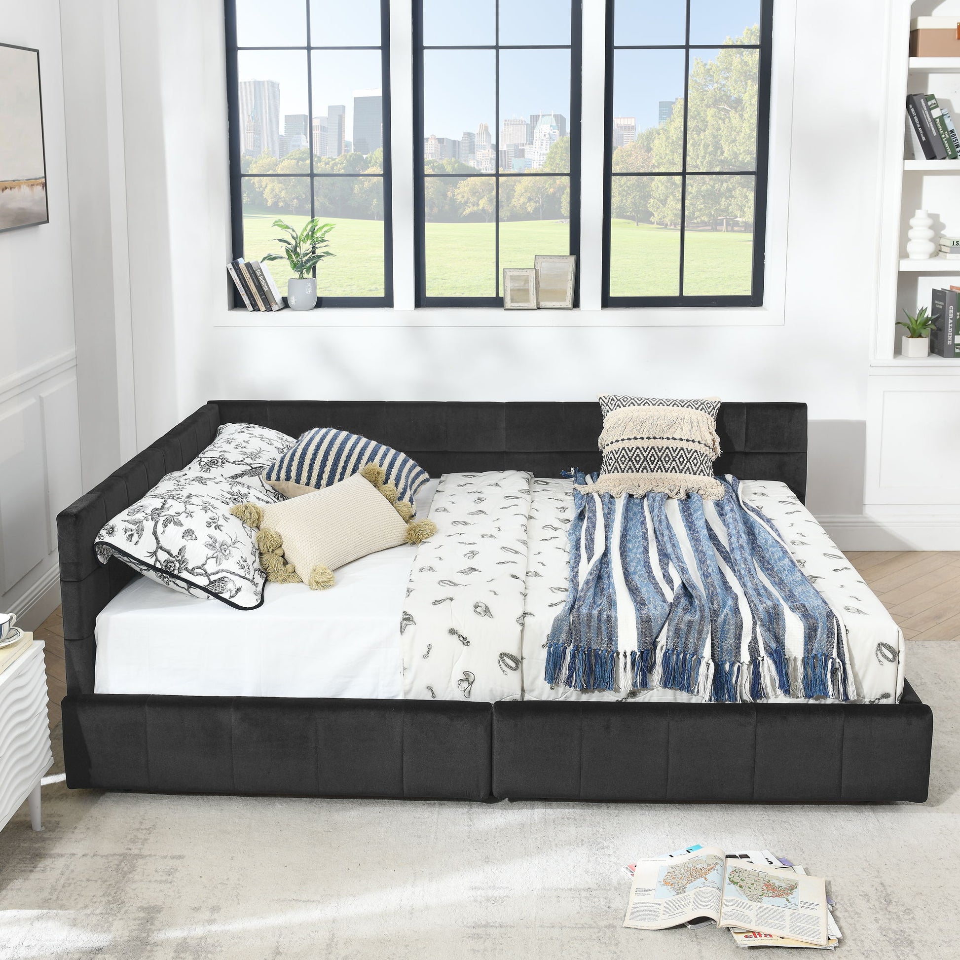 Mid-Century Storage Upholstered Tufted Bed Frame With Backrest And Armrests - The Sleep Loft - Online Mattress Showroom NYC