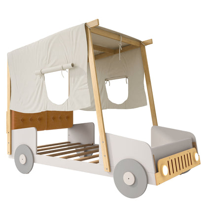 Twin Size Car Bed With Pillow, Ceiling Cloth And LED - Natural - The Sleep Loft - Online Mattress Showroom NYC