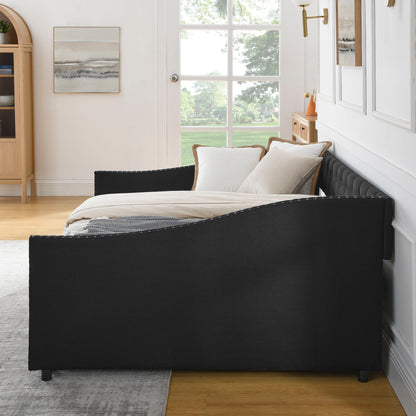 Upholstered Tufted Daybed With 2 Drawers, Waved Arms - The Sleep Loft - Online Mattress Showroom NYC