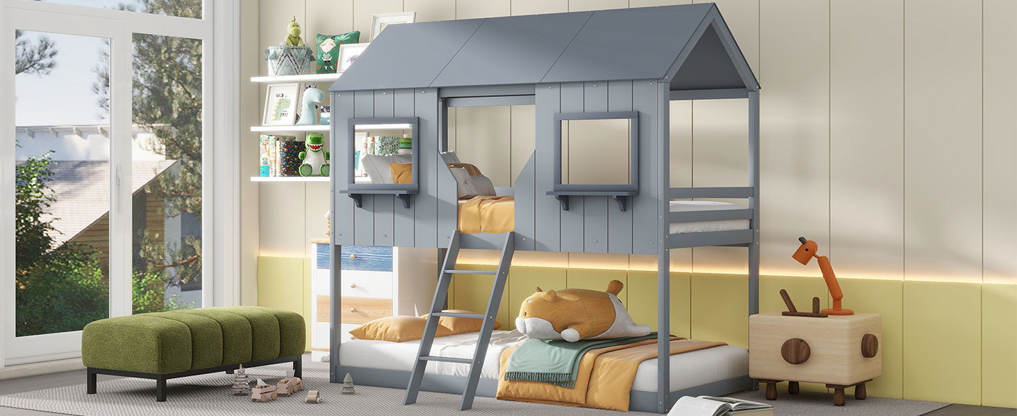 Twin Over Twin Bunk Bed With Roof, Window, Guardrail, Ladder - The Sleep Loft - Online Mattress Showroom NYC