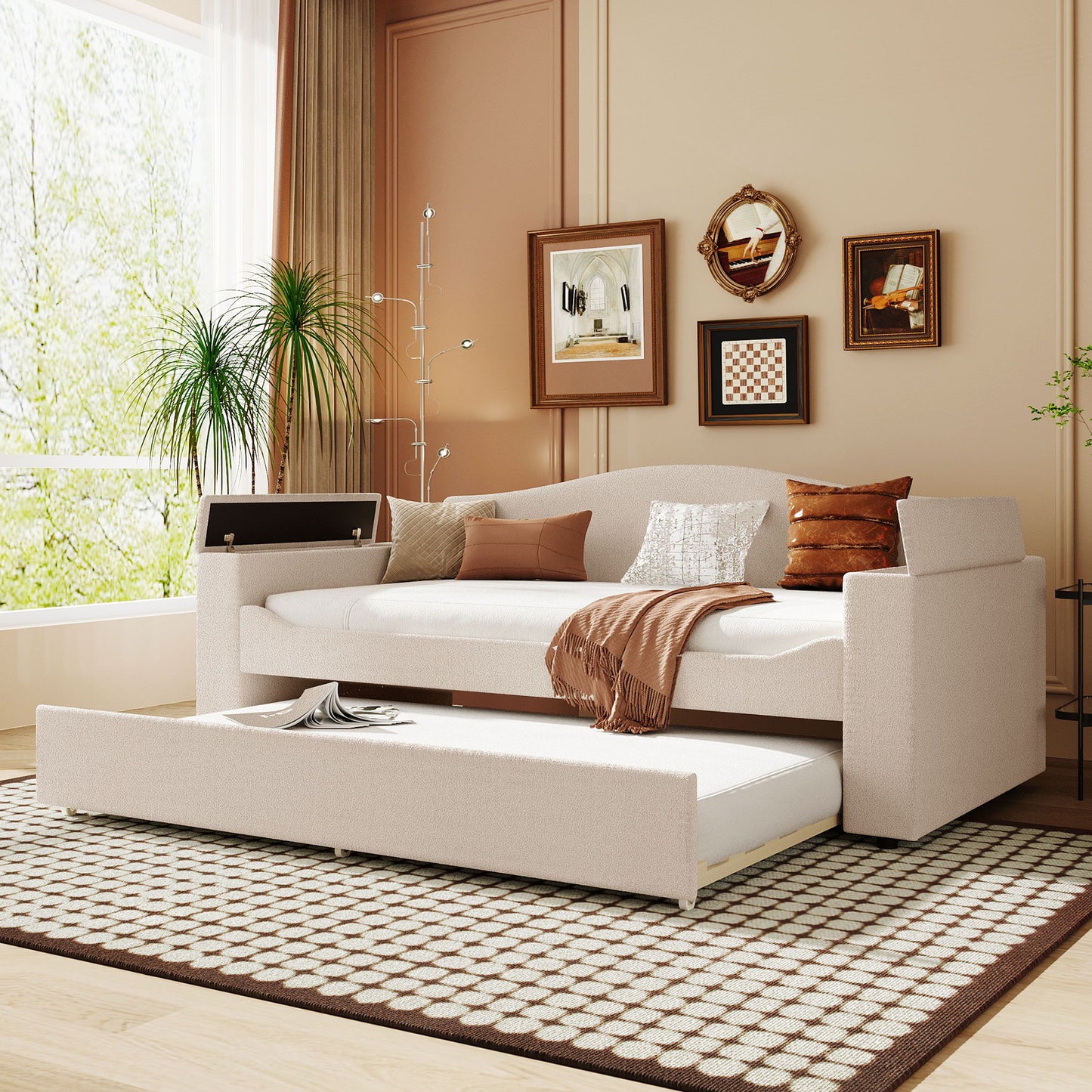 Upholstered Daybed With Storage Armrests, Trundle And Latest Integrated tooth Audio System - The Sleep Loft - Online Mattress Showroom NYC