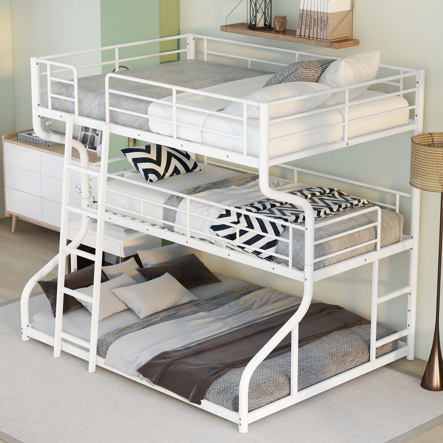 Industrial Triple Bunk Bed With Dual Ladders Frame, Space Saving Design - The Sleep Loft - Online Mattress Showroom NYC