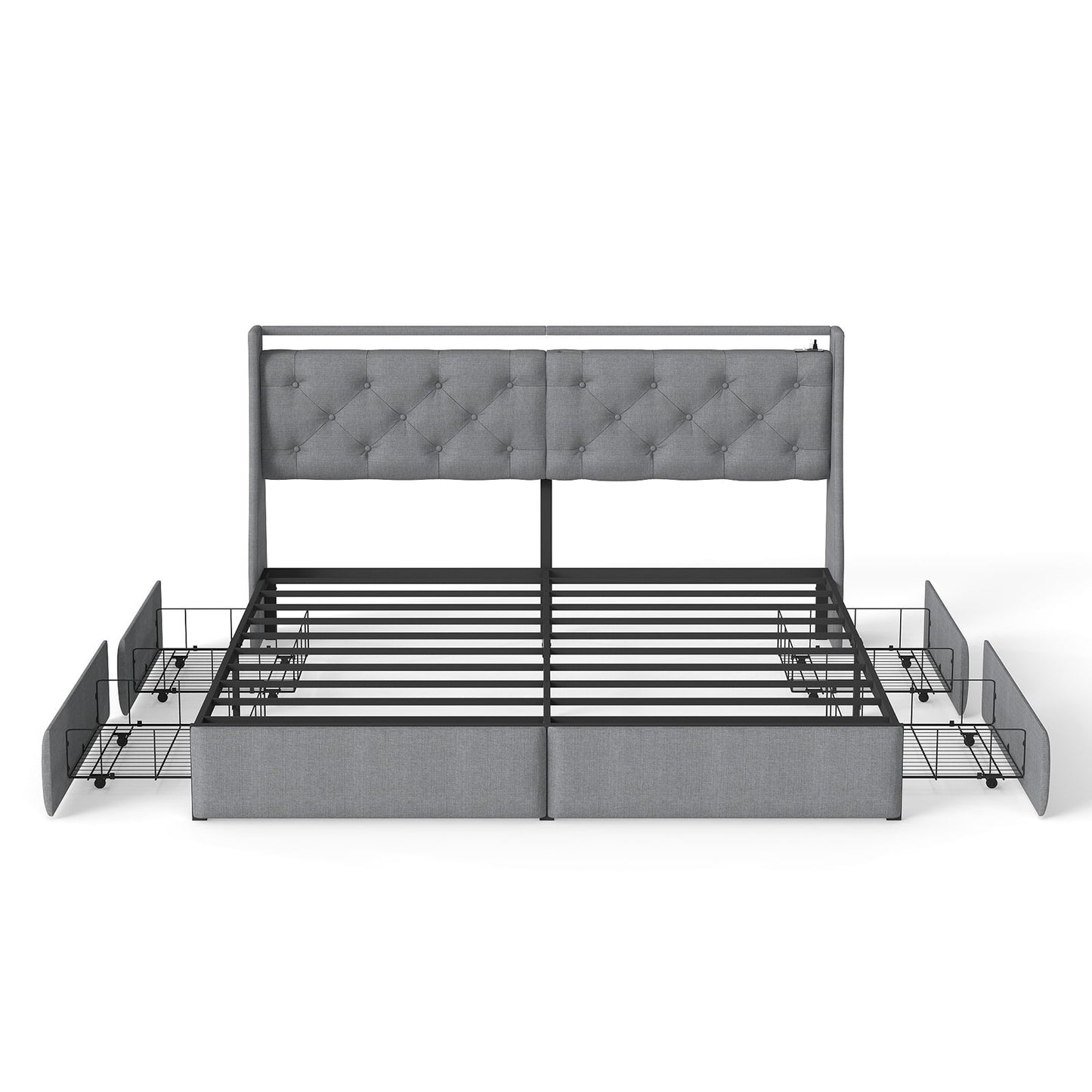 King Platform Bed Frame With RGB LED & Charging Station Storage Headboard, 12 Color Ambient Lighting - Gray