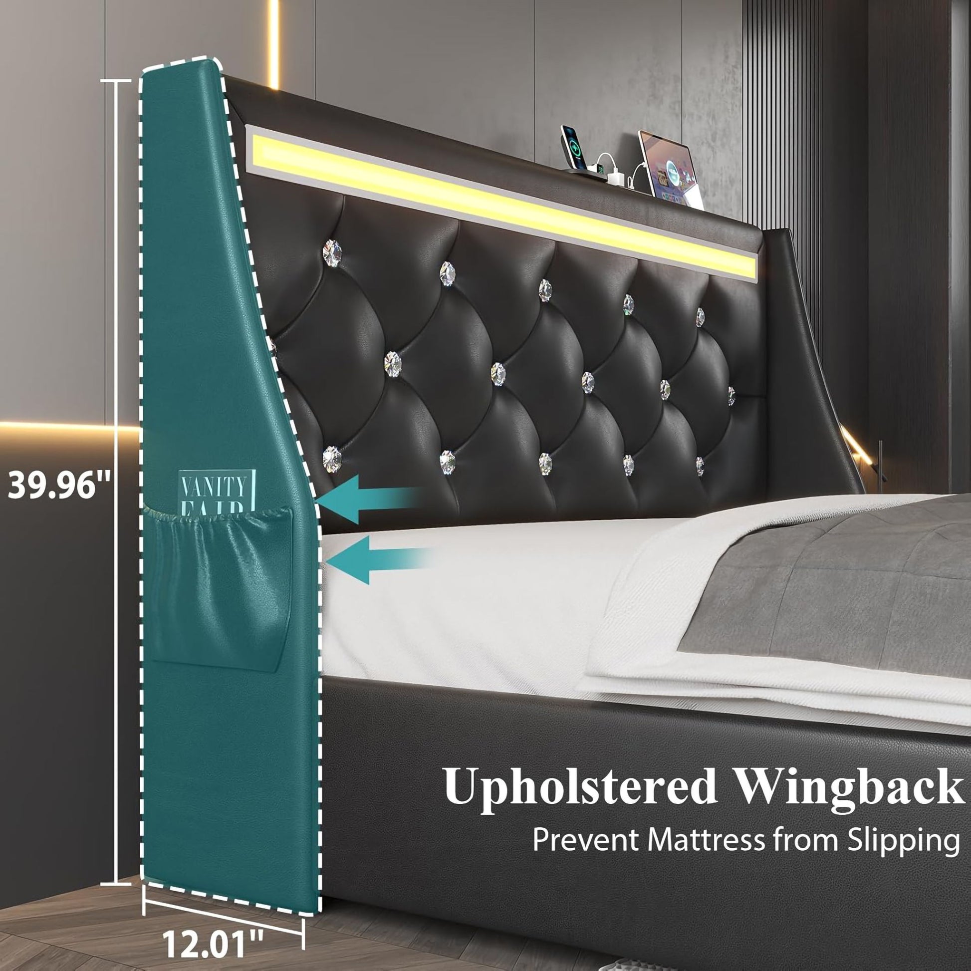 Wingback Upholstered Bed Frame With LED Lights, Charging Station - The Sleep Loft - Online Mattress Showroom NYC