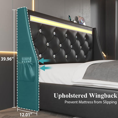 Wingback Upholstered Bed Frame With LED Lights, Charging Station - The Sleep Loft - Online Mattress Showroom NYC