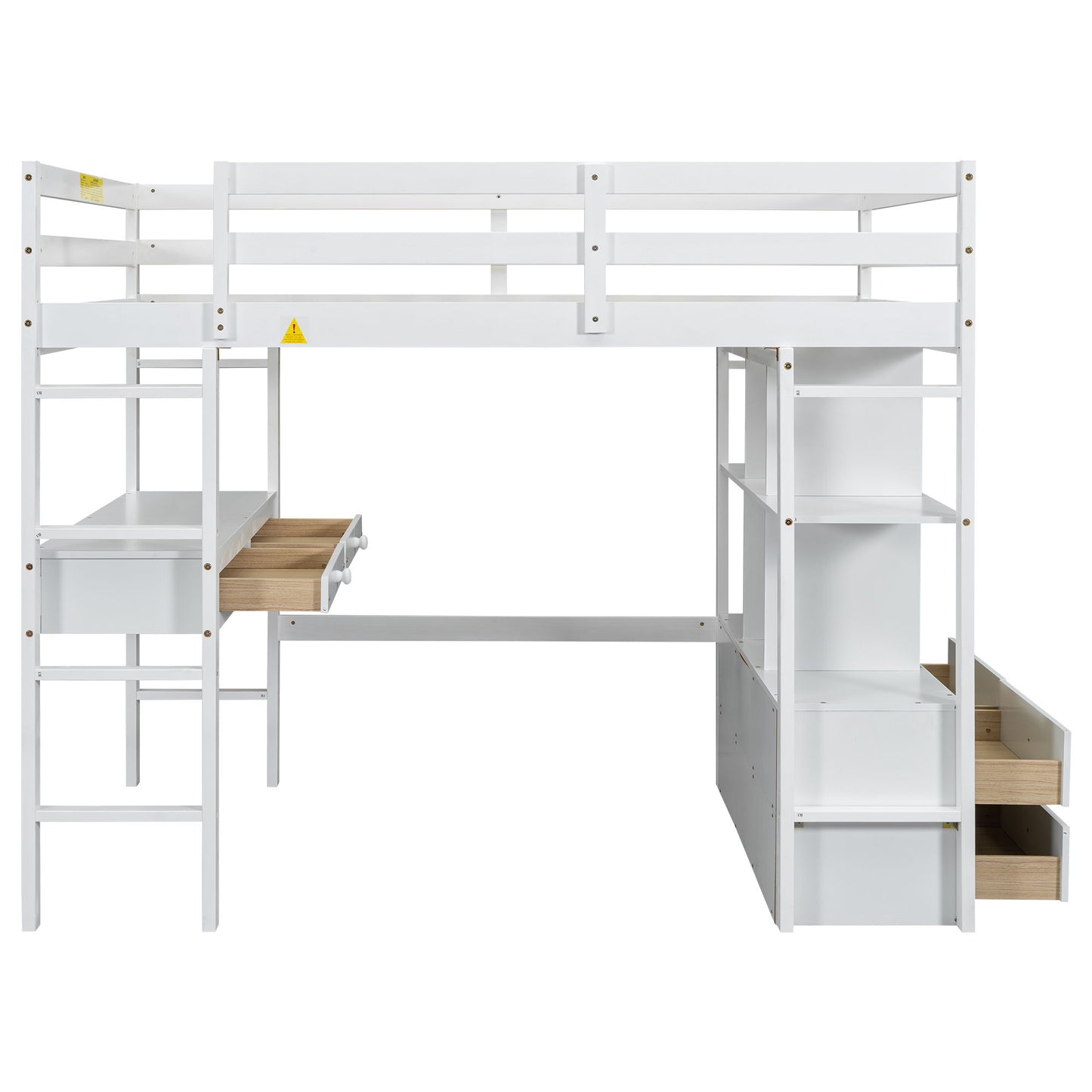 Full Size Loft Bed With Built In Desk, 2 Drawers, Storage Shelves - White - The Sleep Loft - Online Mattress Showroom NYC