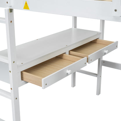 Full Size Loft Bed With Built In Desk, 2 Drawers, Storage Shelves - White - The Sleep Loft - Online Mattress Showroom NYC