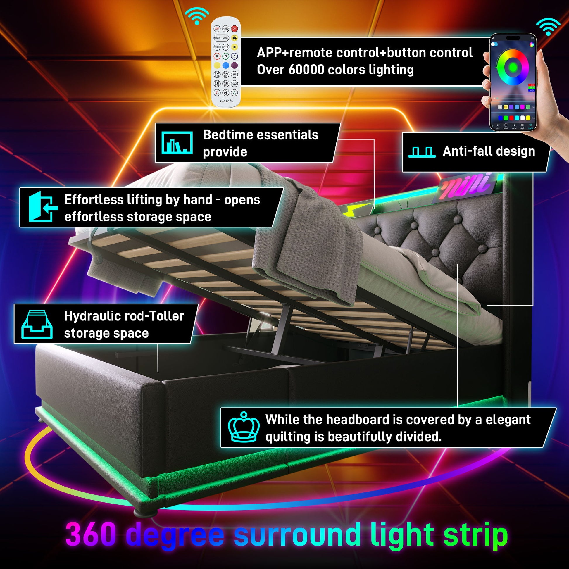 Upholstered Bed, 360 Surround LED Function, Remote Control, Hydraulic Storage Bed With USB, Type-C Charging (Without Mattress) - The Sleep Loft - Online Mattress Showroom NYC