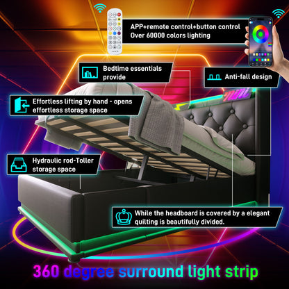 Upholstered Bed, 360 Surround LED Function, Remote Control, Hydraulic Storage Bed With USB, Type-C Charging (Without Mattress) - The Sleep Loft - Online Mattress Showroom NYC