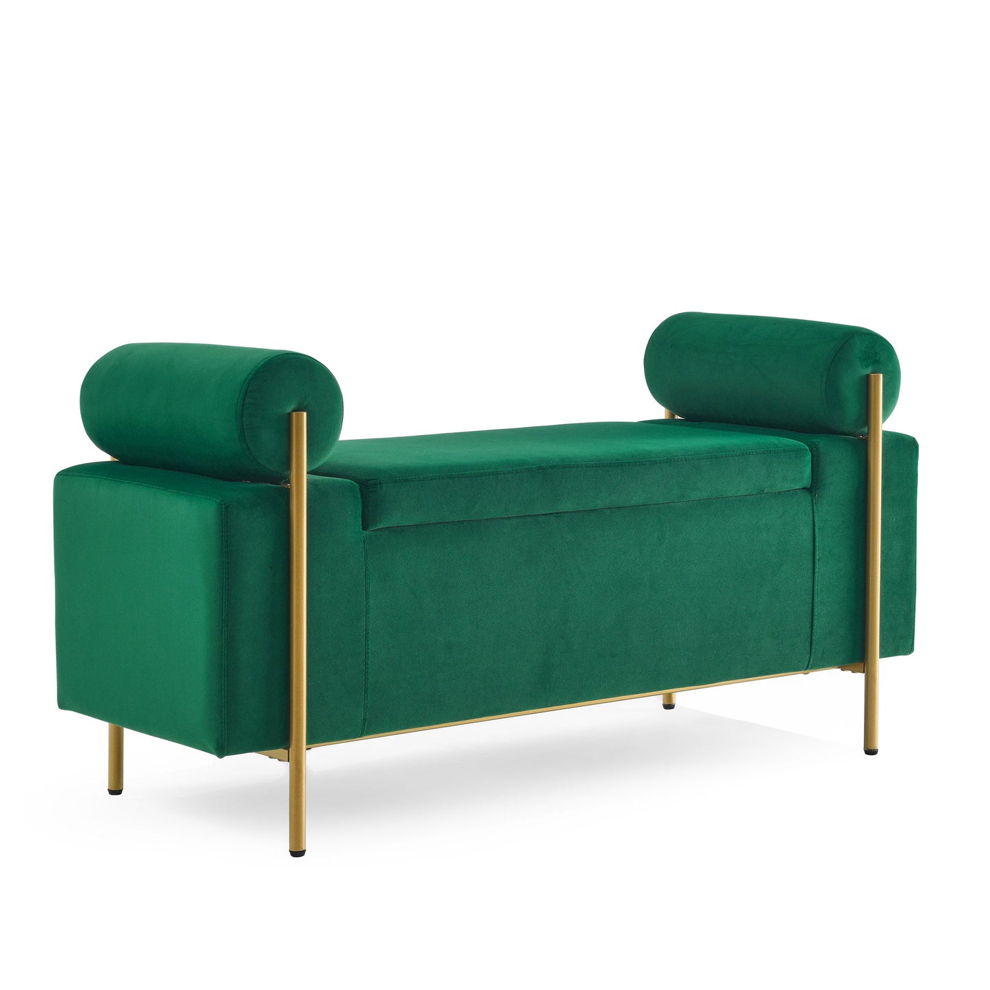 Elegant Upholstered Storage Bench With Cylindrical Arms And Iron Legs, - The Sleep Loft - Online Mattress Showroom NYC