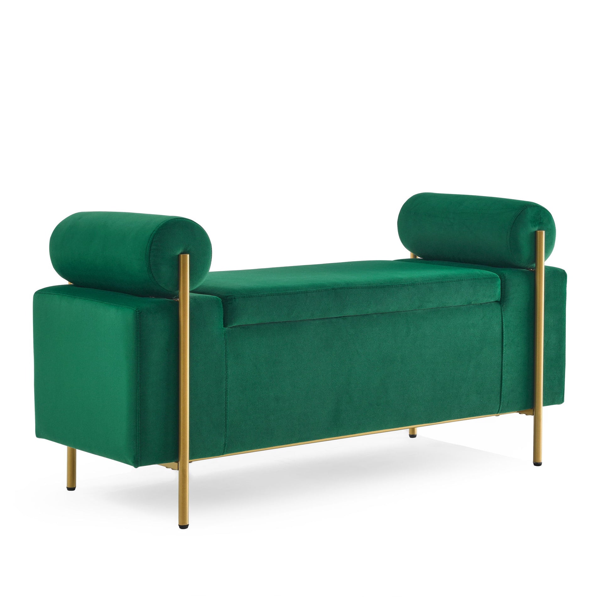Elegant Upholstered Storage Bench With Cylindrical Arms And Iron Legs, - The Sleep Loft - Online Mattress Showroom NYC