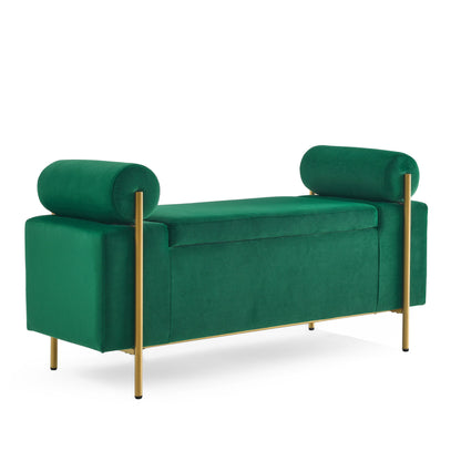 Elegant Upholstered Storage Bench With Cylindrical Arms And Iron Legs, - The Sleep Loft - Online Mattress Showroom NYC