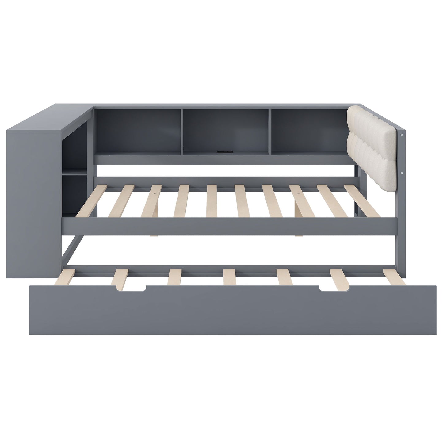 Upholstered Headboard Platform Bed With Storage Shelves, Trundle, Charging Station - The Sleep Loft - Online Mattress Showroom NYC