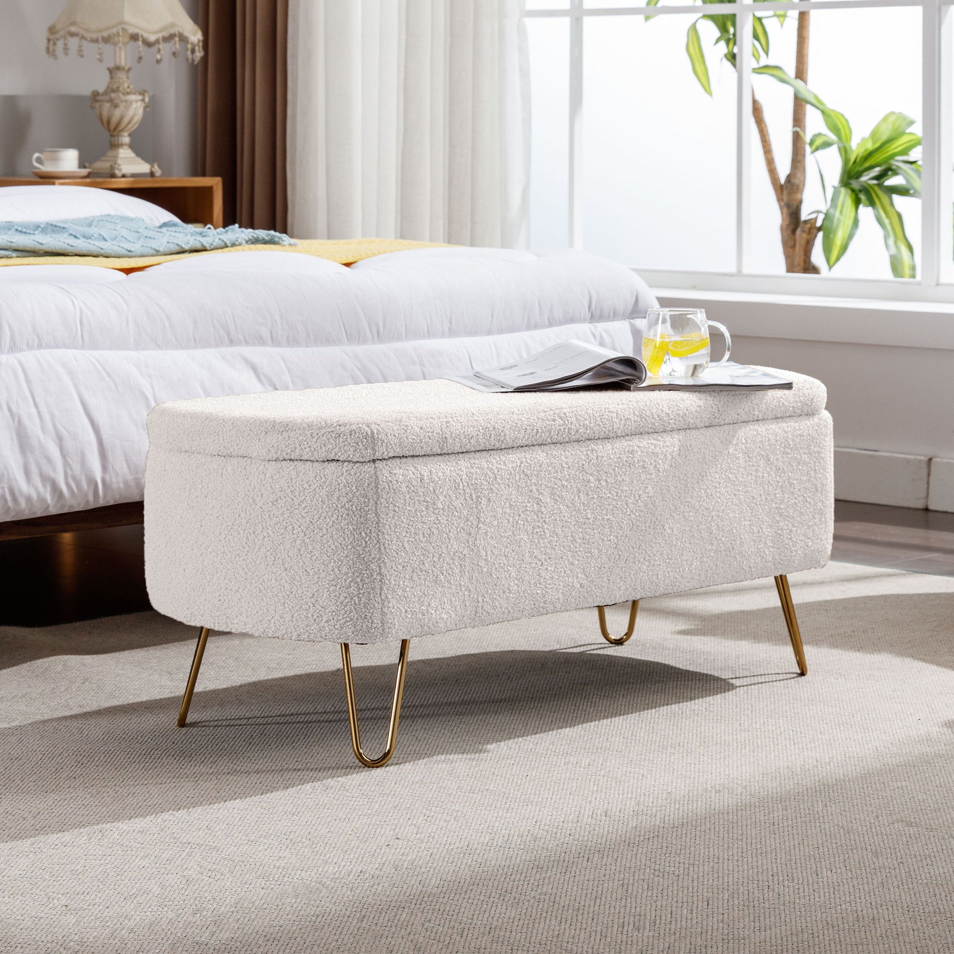 Storage Ottoman Bench For End Of Bed Legs, Modern Camel Faux Fur Entryway Bench Upholstered Padded With Storage For Living Room Bedroom - The Sleep Loft - Online Mattress Showroom NYC
