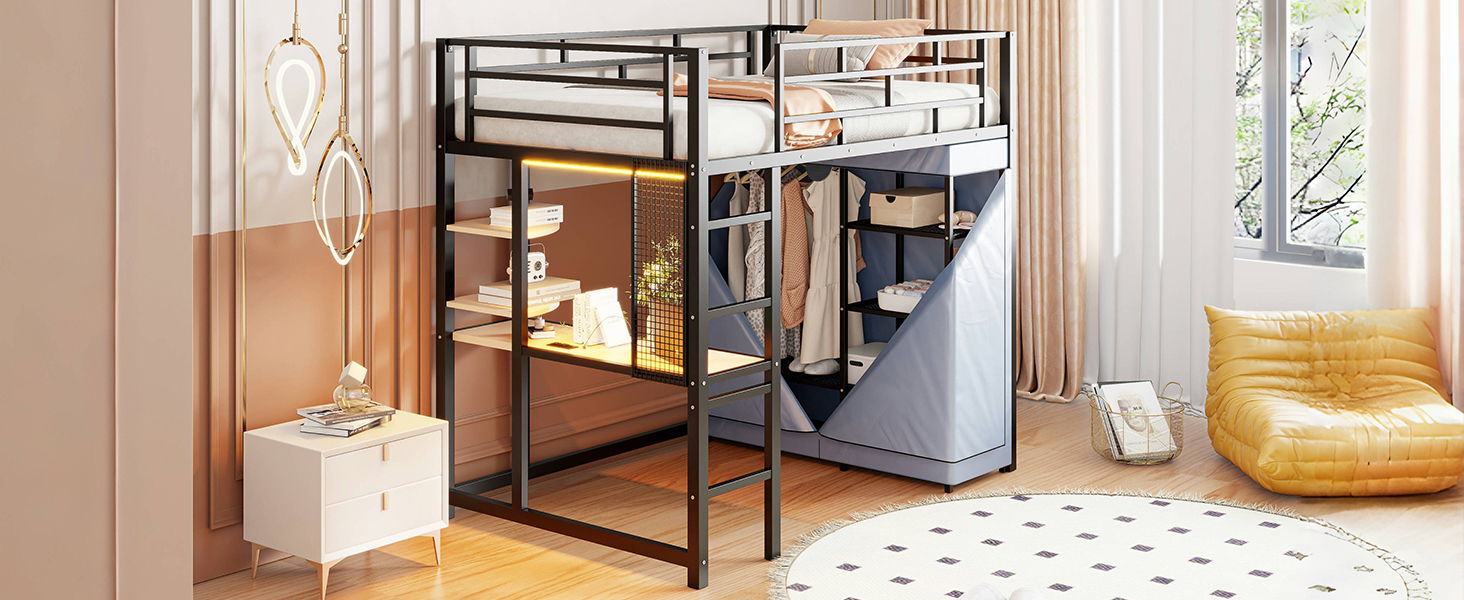 Loft Bed With Desk, Shelves, Power Outlet, LED Light And Wardrobe - The Sleep Loft - Online Mattress Showroom NYC